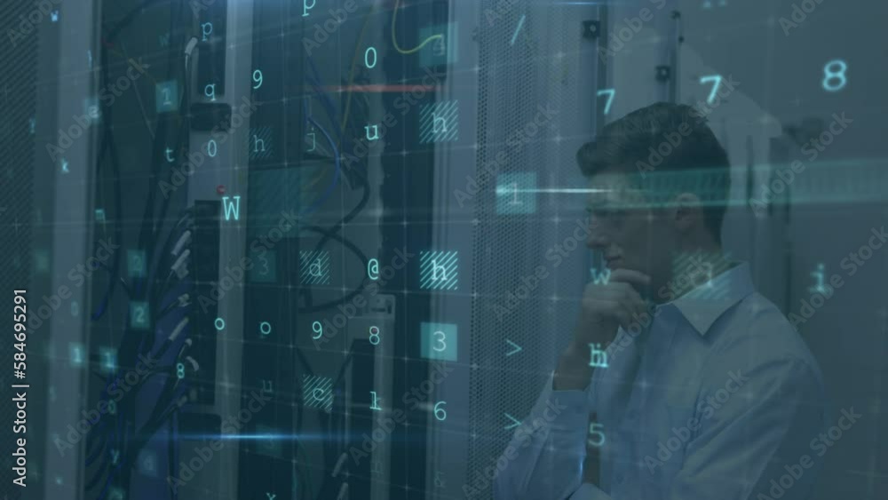 Poster animation of cyber attack text and data processing over caucasian male it technician by server