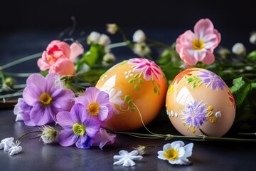 Obraz na płótnie Canvas Decorate Easter eggs with the beauty of spring flowers. Generative AI