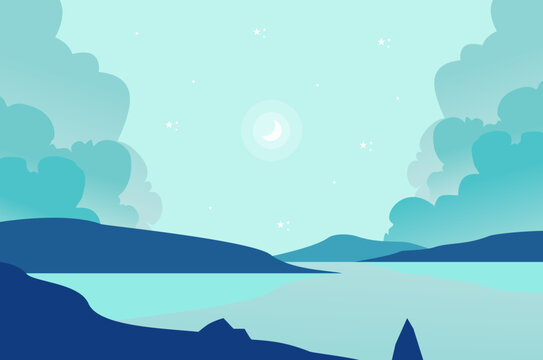 vector illustration of a blue landscape with river and mountains in the background.