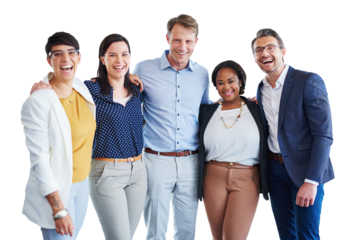 Hug, support and group of smiling businesspeople in on a corporate transparent, png background. Embrace, diversity and multicultural people excited with a positive and professional job mindset