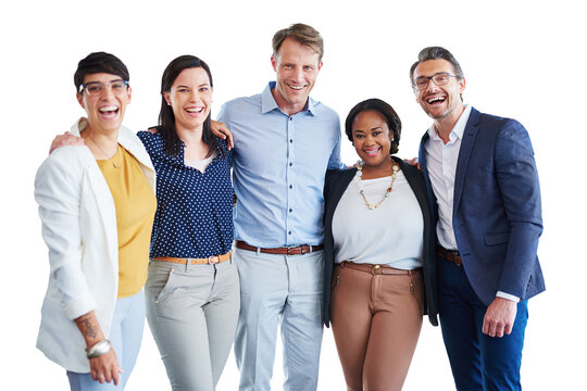 Hug, support and group of smiling businesspeople in on a corporate transparent, png background. Embrace, diversity and multicultural people excited with a positive and professional job mindset