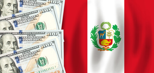 Dollars on flag of Peru, Peru finance, subsidies, social support, GDP concept