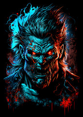 Scary, evil, humanoid werewolf poster, tshirt design. Isolated on black background. Ai generative