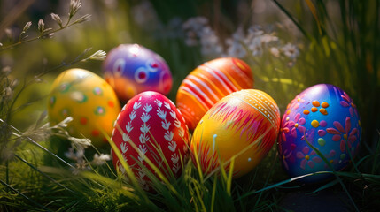 Fototapeta na wymiar Classic Colorful easter eggs lie on young grass, ai generative