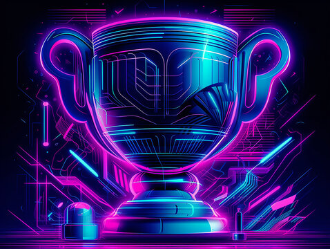 Award, trophy cup, abstract neon style illustration on black background. Generative AI