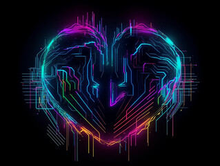 Heart love abstract neon style illustration on black background. Generative AI