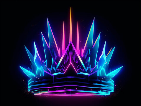 Crown, abstract neon style illustration on black background. Generative AI