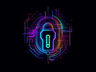Lock, cyber security concept abstract neon style illustration on black background. Generative AI