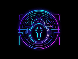 Lock, cyber security concept abstract neon style illustration on black background. Generative AI
