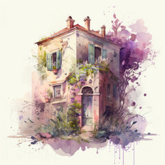 Watercolor house. Old building and blooming garden, Tuscany, Italy. Vintage home and blossom tree, Provence, France. Generative ai illustration in watercolor style. Cute summer house, watercolour art