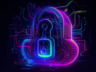 Lock, cyber security concept abstract neon style illustration on black background. Generative AI