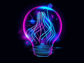 Lightbulb abstract neon style illustration on black background. Generative AI