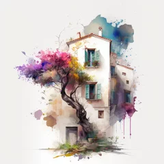 Fotobehang Watercolor mediterranean house. Old building and blooming garden. Vintage home and blossom tree, Provence, France or Tuscany, Italy. Generative ai illustration in watercolor style. Cute summer house © maxa0109