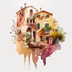 Fotobehang Watercolor house. Venetian house and boat. Old italian building, lagoon, boat. Generative ai illustration in watercolor style. Cute summer house © maxa0109