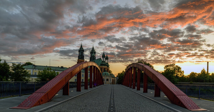 Panorama of Bishop Jordan Bridge over Cybina River and Poznan Cathedral, Poznan, Poland.