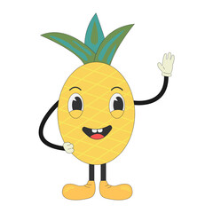 Groovy cartoon pineapple. Vector flat illustration on white background.