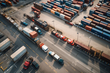 A combination of shipping containers, workers, and delivery trucks, illustrating the logistics and transportation aspect, top view. ai generative