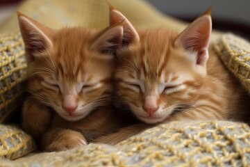 Cat kitten sleeping Ginger kitten on sofa with knit blanket covering it. Hugging and cuddling two cats. Household pet. Sleep and a relaxing snooze. family pet little kittens. hilarious and cute kittie