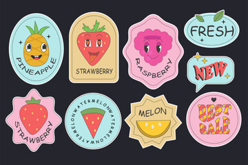 Groovy stickers fruit and text. Cartoon retro strawberry and watermelon for shop.