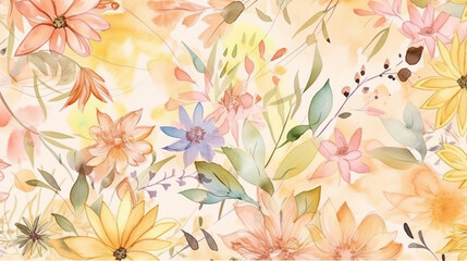 Beautiful floral spring seamless pattern with watercolor drawn field wildflowers. For wedding stationery, greetings, wallpapers, fashion, backgrounds, textures, DIY, packaging, cards. Generative AI.
