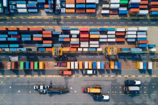 A combination of shipping containers, workers, and delivery trucks, illustrating the logistics and transportation aspect, top view. ai generative