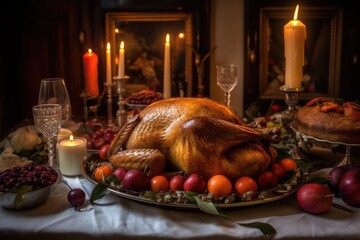 Christmas meal with turkey. In front of a Christmas tree and blazing candles, a baked turkey with red berries and sage leaves as decorations. Generative AI