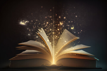 Magic Book With Open Antique Pages And Abstract Bokeh Lights Glowing In Dark Background - Literature Concept (ai generated)