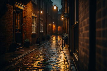 Fototapeta na wymiar Old wet street at night. Generative AI.