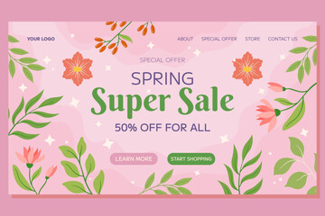 Pink flowers, green leaves berries framing, soft background. Special Offer Spring Landing page, seasonal promotion, discount. Warm, inviting atmosphere, evoking beauty, freshness of spring.