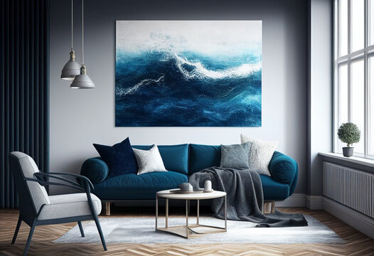 A blue luxury europe style interior design with a sofa and tea table. Luxury blue interior design. Generative AI.	
