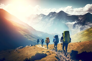 Large team of tourists with Hiking Travel Backpack descends from mountain hill, created with generative ai