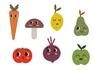 Cute design vector illustration with kawaii eyes, fruit and vegetables	
