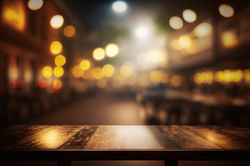 Fototapeta premium Old wood table with blurred concrete block wall in abstract glitter lights background.AI Generative