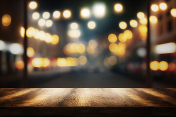 Old wood table with blurred concrete block wall in abstract glitter lights background.AI Generative