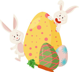 Bunnies Character. Peeks out from Eggs, Carrot. Funny, Happy Easter Rabbits.