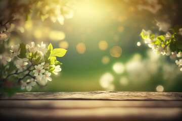 Obraz na płótnie Canvas Spring Time - Blossoms On Wooden Table In Green Garden With Defocused Bokeh Lights And Flare Effect (ai generated)