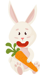 Bunny Character. Sitting and Laughing Funny, Happy Easter Cartoon Rabbit with Carrot. PNG