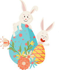 Bunnies Character. Sitting on Egg, Smiling Funny, Happy Easter Cartoon Rabbits with Eggs, Flower.PNG