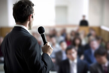 Business men or singer in front of crowd