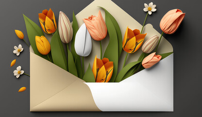Verschieden farbige Tulpen schauen aus einem Briefumschlag heraus (Generative AI)
