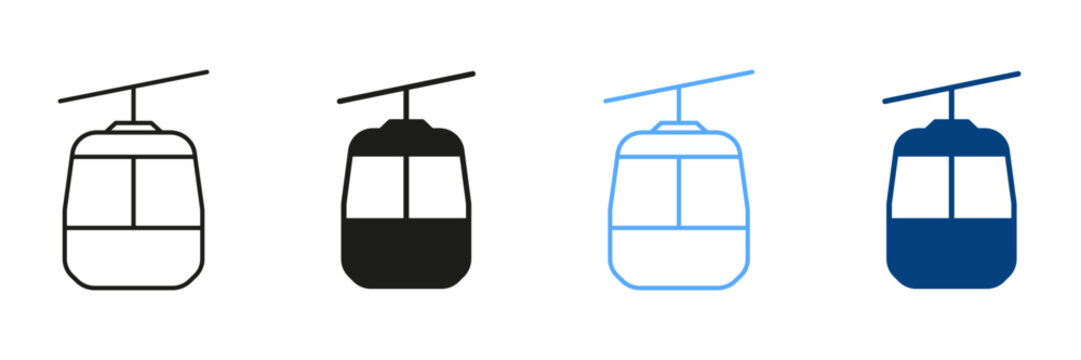 Cable Car Line And Silhouette Color Icons Set. Pictogram Of Cable Car. Collection Of Symbols on White Background Of Gondola, Funicular, Lift And Tourist Cable Car. Isolated Vector Illustration