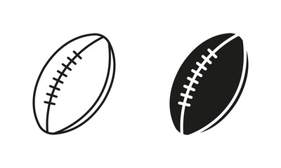 Rugby Ball Black Silhouette and Line Icon Set. Ball for Play Sports Game, American Football Solid and Outline Symbol Collection on White Background. Isolated Vector Illustration