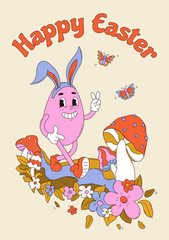Psychedelic groovy poster with bunny egg, mushrooms, butterfly and quote Happy Easter in flat vector. Greeting card