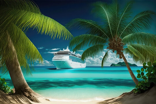 Digital painting of Cruise To Caribbean With Palm tree On Coral Beach (ai generated)