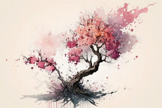 Beautiful blooming cherry blossoms, watercolor painting, AI generated