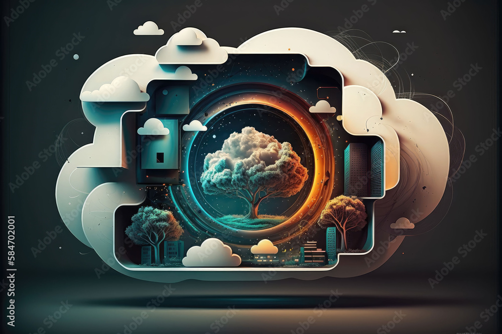 Wall mural 3d cloud, big data cloud model, ai generation