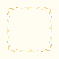 Square golden frame with botanical design. Round vine frame wedding elegant wreath. Vector isolated illustration.