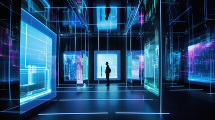 Futuristic technology environment with glowing holograms, floating touchscreens, generative AI