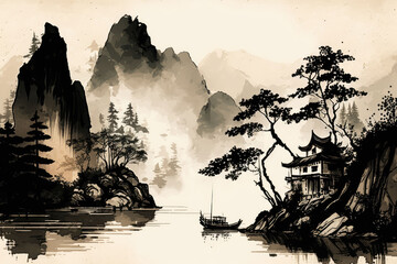 Chinese style ink painting with mountains and lake, AI generated