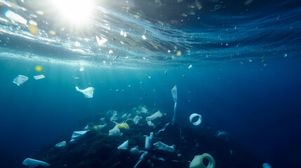 Fototapeta premium Plastic pollution in ocean. Problem plastic bottles and microplastics floating in the open ocean. Marine plastic pollution concept. Generative AI